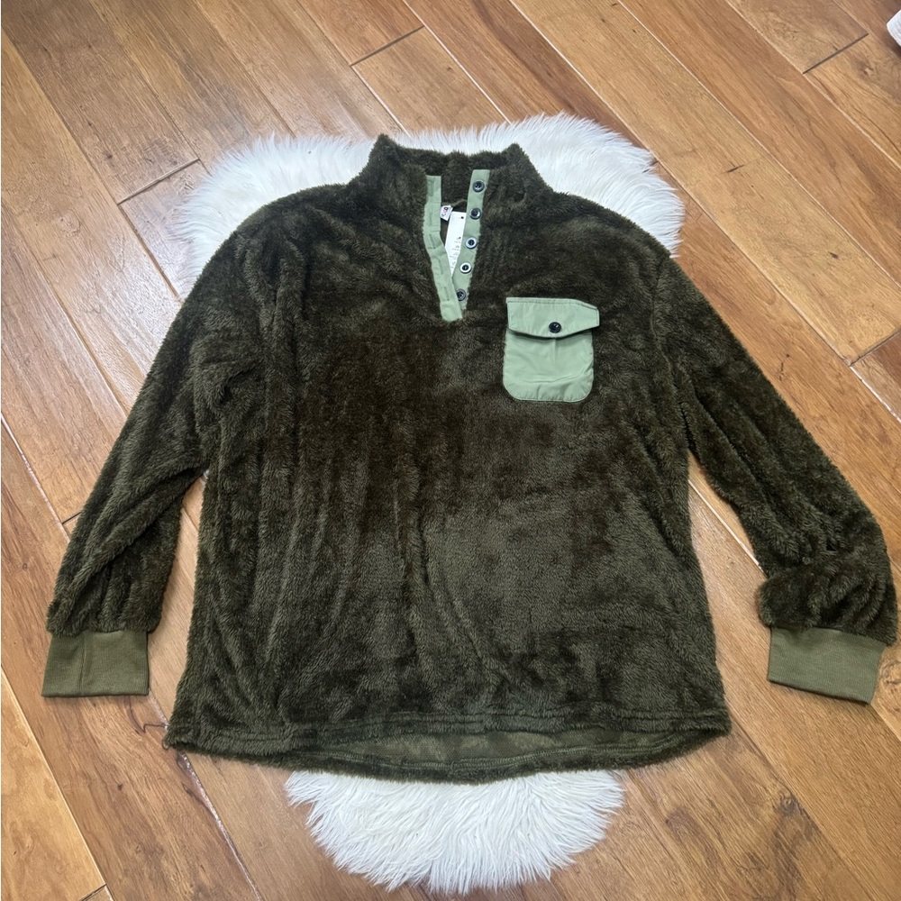 Olive Green Fleece Sherpa Pullover Sweatshirt